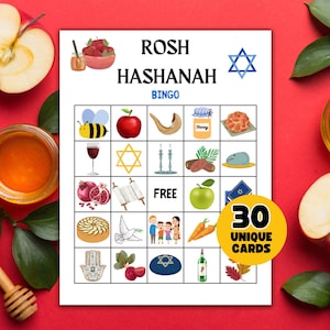 May include: A Rosh Hashanah Bingo game card with various holiday-themed illustrations, including a bee, apple, shofar, and honey jar. The card is surrounded by apples, pomegranates, and honey on a red background. The card reads "Rosh Hashanah Bingo" and "30 Unique Cards".