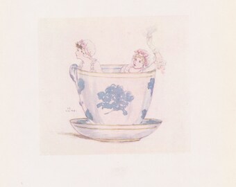 Vintage Kate Greenaway Book Plate Art Print - A Calm in a Tea Cup - circa 1880s