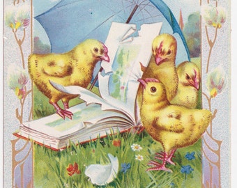 Pretty Vintage Easter Wishes Postcard with Chicks Reading a Book