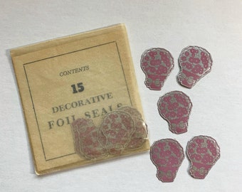 Pack of 13 Vintage Seals - Lavender and Silver Foil Basket of Flowers