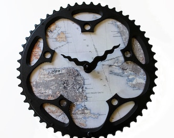 SF Bay Area Bicycle Clock  |   Map Clock  | San Franciso Vintage Map Clock | Bike Gear Clock