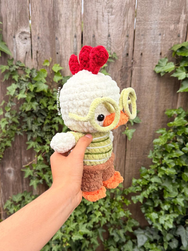 May include: A handmade crochet chicken doll with a white head, red comb, and yellow glasses. The chicken wears a green and white striped shirt, brown shorts, and orange feet. The doll is held in front of a wooden fence and green foliage.