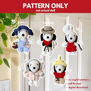 Puede incluir: Patrones de crochet para cinco personajes amigurumi diferentes. Los personajes están vestidos de jardinero, vaquero, chef, friki de la música y patinador. Los patrones están en inglés estadounidense y en formato PDF. El listado es para una descarga digital.