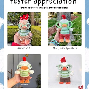 May include: A poster with the text "tester appreciation" and "thank you to all these talented crocheters!" features four crocheted chicken dolls wearing glasses. Each doll has a different color scheme, including red, green, orange, and brown.