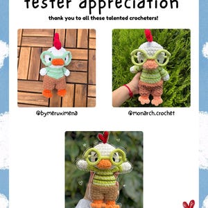 May include: A poster with the text "tester appreciation" and "thank you to all these talented crocheters!". It features three crocheted chicken dolls wearing glasses and clothes. The poster includes the Instagram handles of the creators.