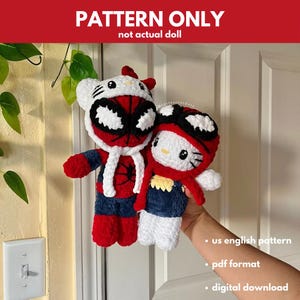 May include: A crochet pattern for a red and black Spiderman-themed Hello Kitty doll and a red and black Spiderman-themed Hello Kitty doll. The pattern is in US English and is available as a digital download in PDF format.