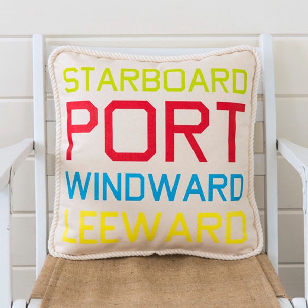 Sailing Terms Pillow - Wind Terms, custom printed on cotton denim, natural color