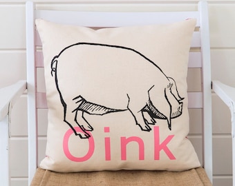 Oink pillow, custom printed on cotton denim, natural color