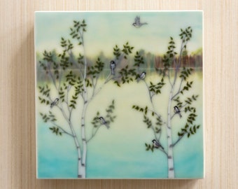 Waxed Mini - Lakeside Chickadee, encaustic mixed media reproduction