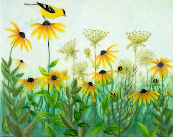 Print - Limited Edition - Goldfinch Meadow - encaustic mixed media