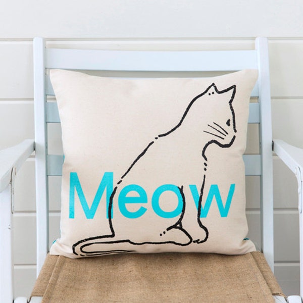 Meow Pillow, custom printed on cotton denim, natural color