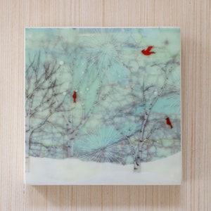 Miniatura encerada - Nieve con efecto lago, reproducción en técnica mixta encáustica