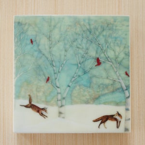 Waxed Mini - Frolicking Foxes, reprodução em técnica mista encáustica