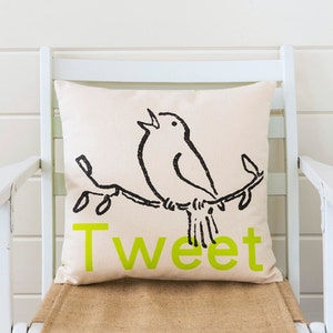Tweet pillow, custom printed on cotton denim, natural color