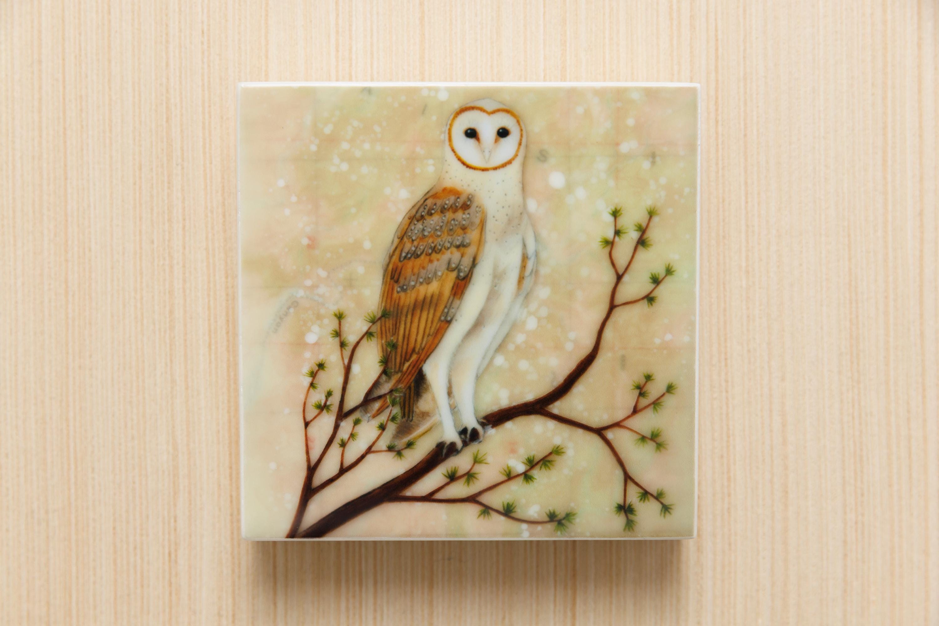 Waxed Mini - Guardian of the Wood Owl, encaustic mixed media reproduction