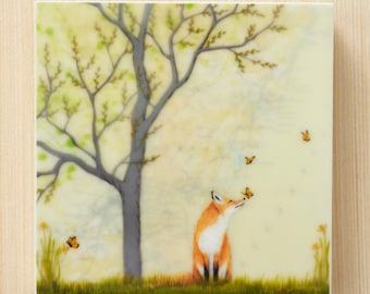 Francis – Zorro de primavera, panel de arte encáustico, reproducción en técnica mixta encerada de 4x4, animales del bosque