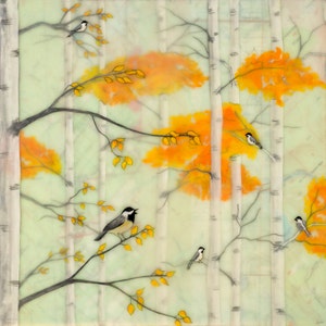 May include: A watercolor painting of a birch forest with yellow leaves and five small birds perched on branches. The birds are black and white with yellow accents.