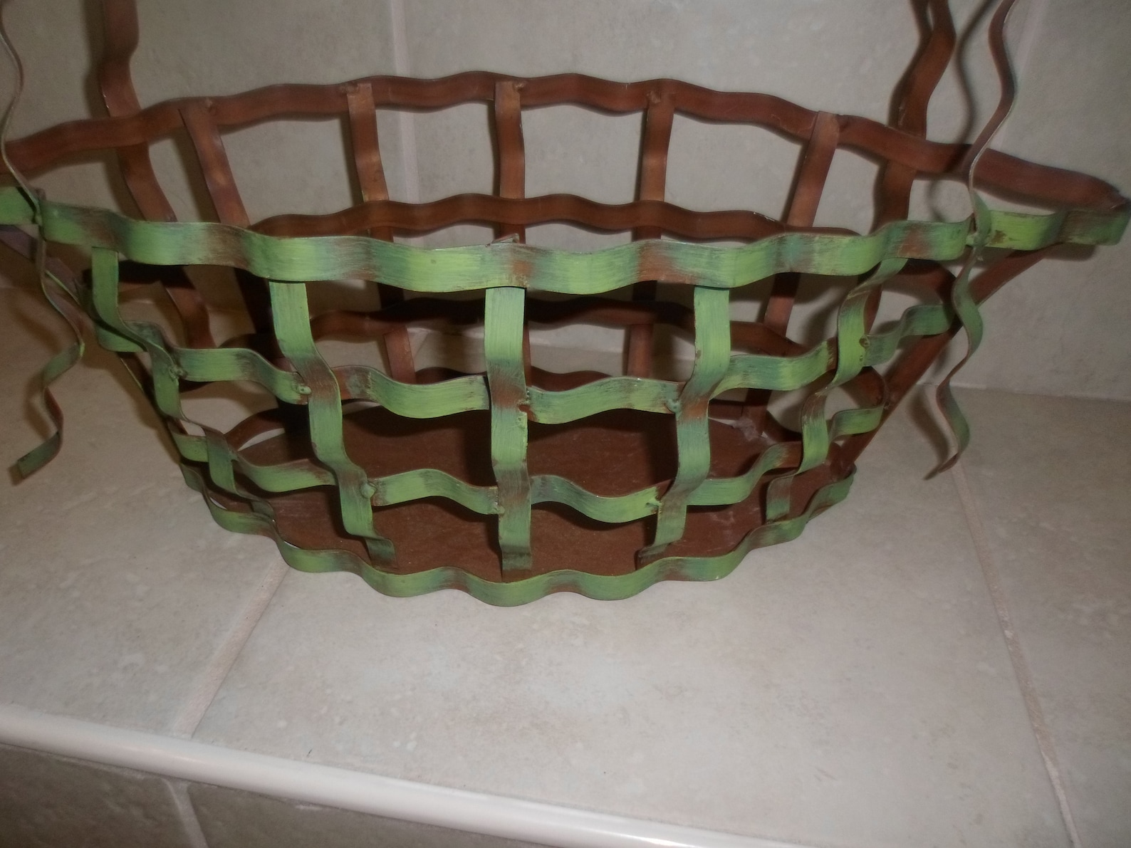 Vintage Open Weave Metal Basket Green Patina Outer, Inside Copper Color