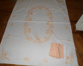 Vintage Hand Embroidered tablecloth white w orange yellow floral,5 napkings
