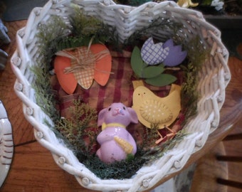 Handmade completed Easter Wall Diarama  white heart basket w bunny & floral