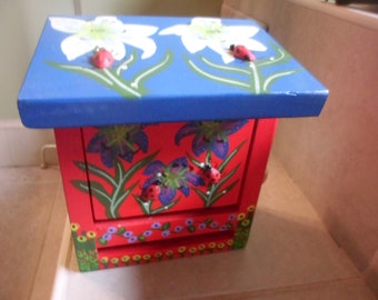 Handmade Handpainted small wood box, floral and ladybug decor. front opens