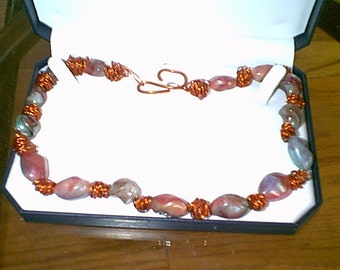 Hand Painted Beds with   Copper  Wire Beads  Necklace