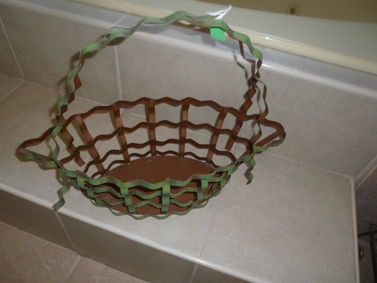 Vintage Open Weave Metal Basket Green Patina Outer, Inside Copper Color