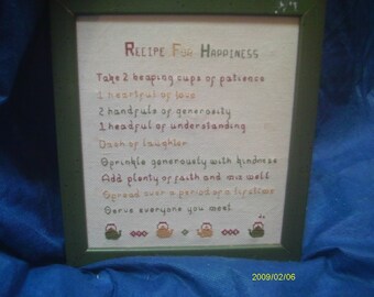 Framed embroidered "Recipie For Happiness" 8x9". green,yellow, red, Vintage