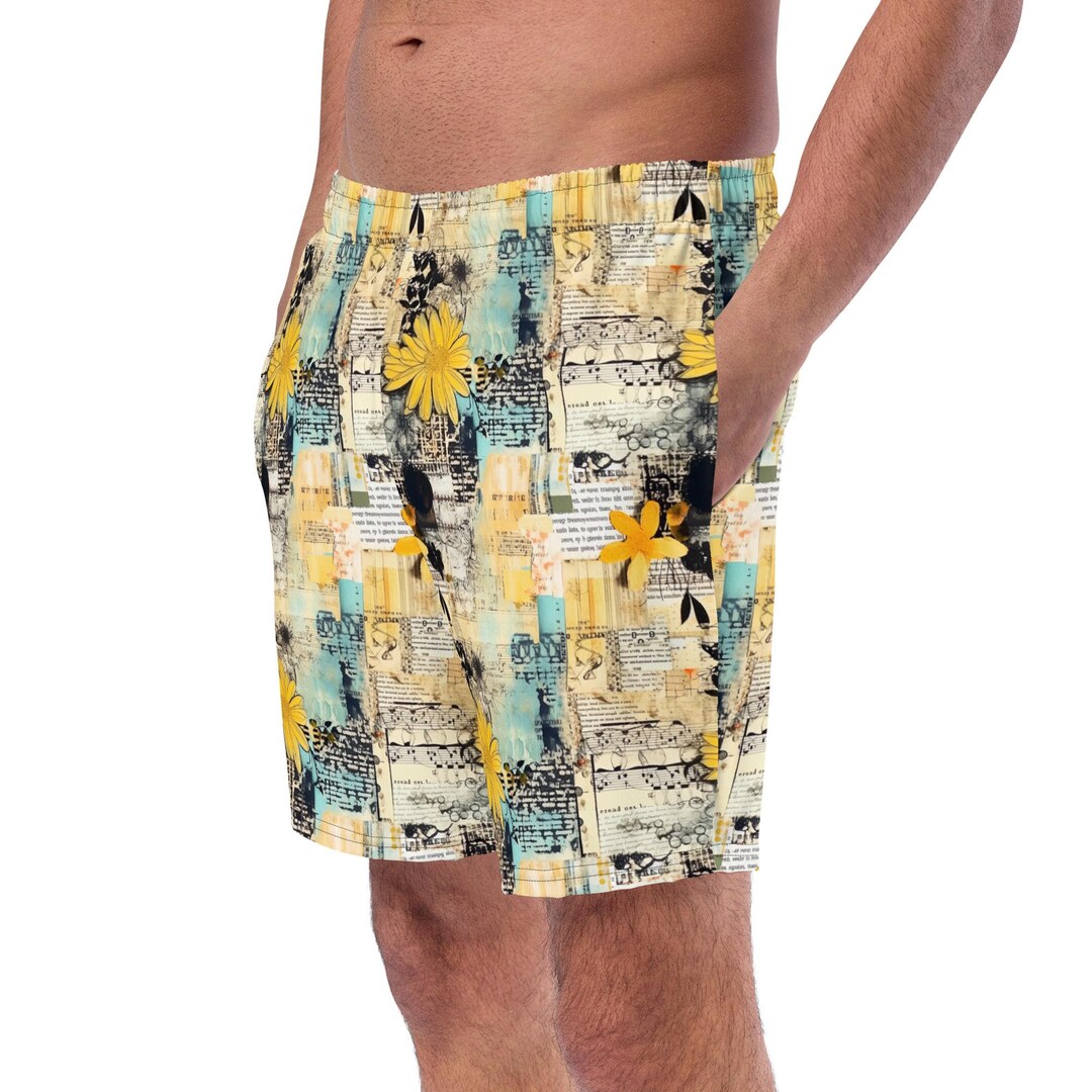 Mixed Media Yellow Floral Swim Trunks, Men's Swim Suit, Maximalist Swim ...