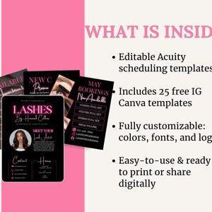 May include: A collection of marketing materials for lash artists, including templates and promotional graphics. The central piece is a black tablet displaying "Lashes by Hannah Collins" with contact information and a photo. Additional cards showcase booking details and availability.