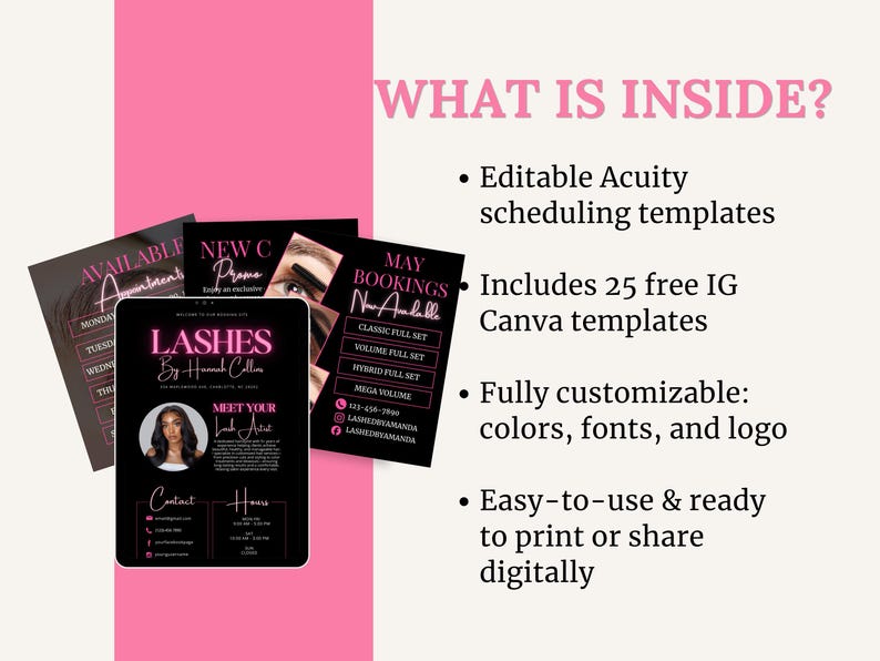 May include: A collection of marketing materials for lash artists, including templates and promotional graphics. The central piece is a black tablet displaying "Lashes by Hannah Collins" with contact information and a photo. Additional cards showcase booking details and availability.