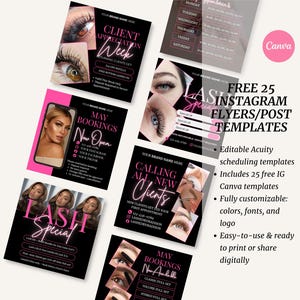 May include: A collection of black and pink Instagram flyers and post templates for lash services. The flyers feature images of eyes with long lashes, text, and the Canva logo. The text includes "Client Appreciation Week" and "Lash Special".