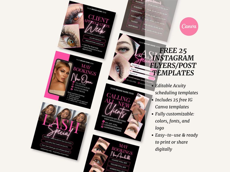 May include: A collection of black and pink Instagram flyers and post templates for lash services. The flyers feature images of eyes with long lashes, text, and the Canva logo. The text includes "Client Appreciation Week" and "Lash Special".