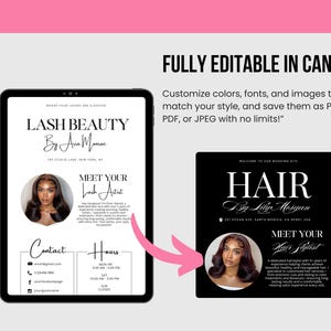 Może przedstawiać: Cyfrowa reklama usług kosmetycznych. Obraz przedstawia tablet wyświetlający wizyt&oacute;wkę Lash Beauty i czarny kwadrat z Hair by Lily Morgan. Obie karty zawierają zdjęcie kobiety z długimi włosami.