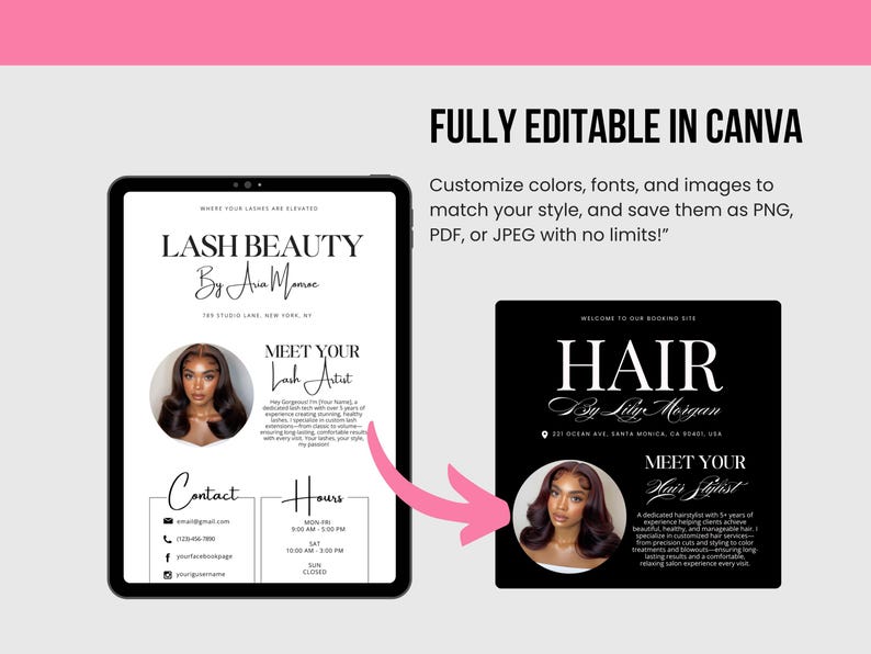 Może przedstawiać: Cyfrowa reklama usług kosmetycznych. Obraz przedstawia tablet wyświetlający wizyt&oacute;wkę Lash Beauty i czarny kwadrat z Hair by Lily Morgan. Obie karty zawierają zdjęcie kobiety z długimi włosami.