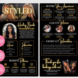 May include: A black and gold digital flyer template for a hair stylist featuring sections for booking policies, business hours, contact information, client reviews, and appointment reminders with text overlays and circular pink promotional badges.