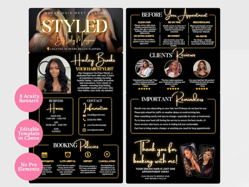 May include: A black and gold digital flyer template for a hair stylist featuring sections for booking policies, business hours, contact information, client reviews, and appointment reminders with text overlays and circular pink promotional badges.