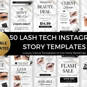 50 Lash Tech Instagram Story Templates Editable Canva Lash Artist IG Stories Bundle Beauty Branding Content Social Media Kit