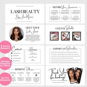 Może przedstawiać: Grafika promocyjna dla Lash Beauty by Ava Mamac, zawierająca logo firmy, dane kontaktowe i przypomnienia o wizytach. Projekt zawiera zdjęcia przedłużonych rzęs i zdjęcie artystki.