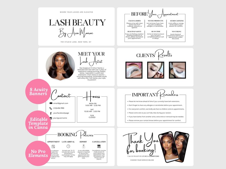 Może przedstawiać: Grafika promocyjna dla Lash Beauty by Ava Mamac, zawierająca logo firmy, dane kontaktowe i przypomnienia o wizytach. Projekt zawiera zdjęcia przedłużonych rzęs i zdjęcie artystki.