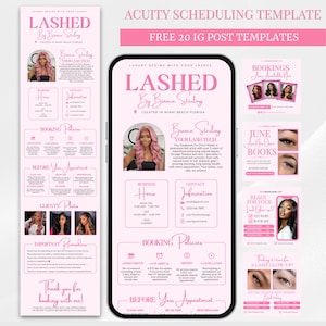 May include: A digital Acuity scheduling template and twenty Instagram post templates in a light pink color scheme. The designs feature the text LASHED By Bianca Sterling, business hours, contact information, booking policies, and client photos.