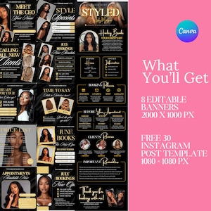 May include: A collection of digital marketing templates for hair stylists featuring black and gold designs. The set includes 8 editable banners at 2000 x 1000 px and 30 Instagram post templates at 1080 x 1080 px, all displayed on a pink background.