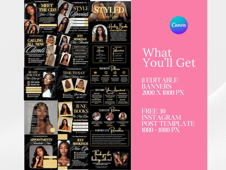 May include: A collection of digital marketing templates for hair stylists featuring black and gold designs. The set includes 8 editable banners at 2000 x 1000 px and 30 Instagram post templates at 1080 x 1080 px, all displayed on a pink background.