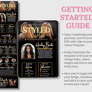 May include: A digital marketing template for hair stylists featuring a black background with gold text. The layout includes sections for business hours, contact information, booking policies, client reviews, and important reminders, all displayed on a tablet screen.