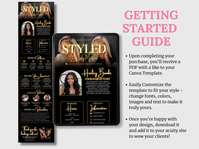 May include: A digital marketing template for hair stylists featuring a black background with gold text. The layout includes sections for business hours, contact information, booking policies, client reviews, and important reminders, all displayed on a tablet screen.