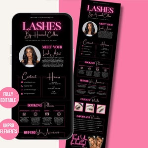 May include: A black digital advertisement for "Lashes By Hannah Collins" displayed on a smartphone and a vertical banner. The design features pink accents, a headshot, contact information, and booking policies. The words "Fully Editable" and "Unpro Elements" are also visible.