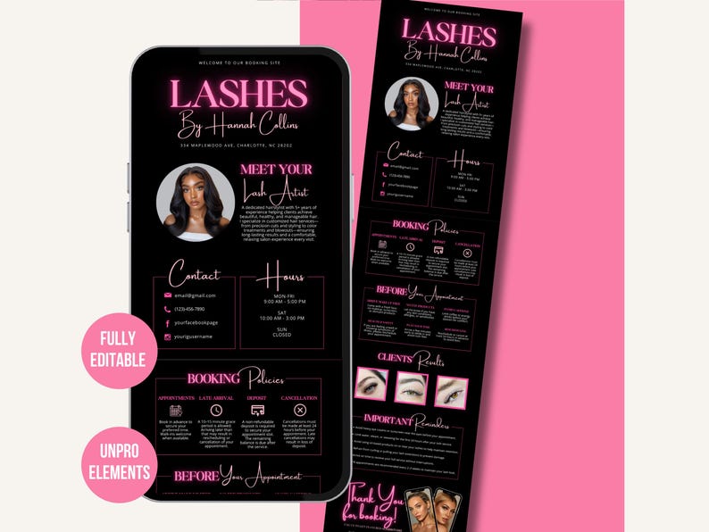 May include: A black digital advertisement for "Lashes By Hannah Collins" displayed on a smartphone and a vertical banner. The design features pink accents, a headshot, contact information, and booking policies. The words "Fully Editable" and "Unpro Elements" are also visible.