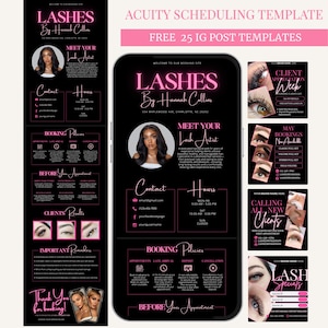 May include: A digital marketing template for lash artists, with a black background and pink highlights. The design includes the text "Lashes By Hannah Collins", contact details, booking policies, and examples of lash work. The template is designed for Instagram posts.