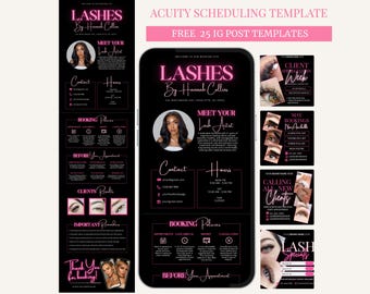 Może przedstawiać: Szablon marketingu cyfrowego dla artystów rzęs, z czarnym tłem i różowymi akcentami. Projekt zawiera tekst "Lashes By Hannah Collins", dane kontaktowe, zasady rezerwacji i przykłady pracy z rzęsami. Szablon jest przeznaczony do postów na Instagramie.