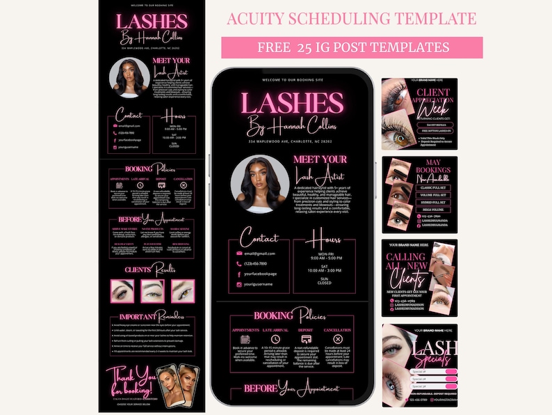 May include: A digital marketing template for lash artists, featuring a black background with pink accents. The design includes the text "Lashes By Hannah Collins", contact information, booking policies, and examples of lash work. The template is designed for Instagram posts.
